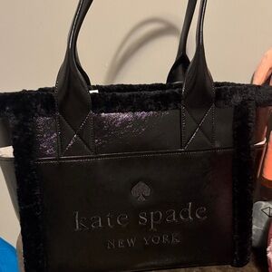 Kate Spade Beautiful Black Leather Tote Bag Faux Shearling